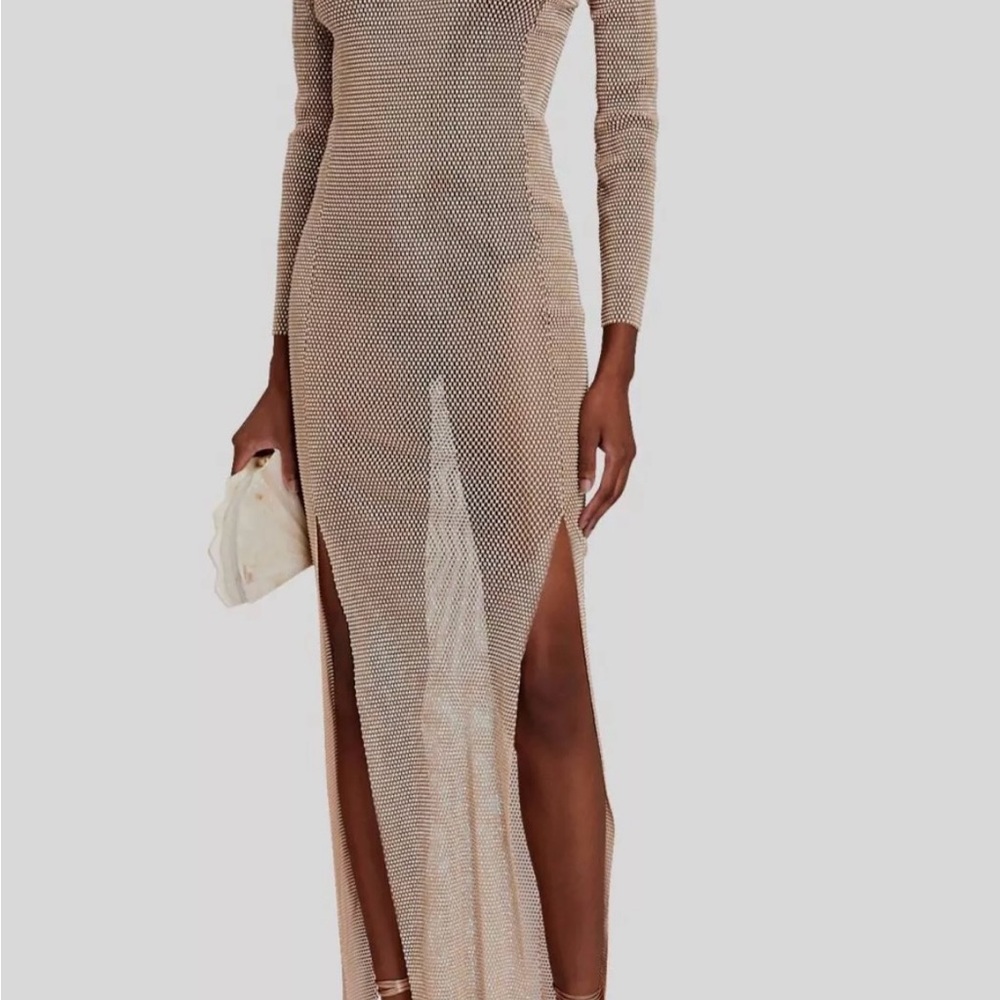 Santa Brands Cowl Neck Long Sleeve Embellished Gown
